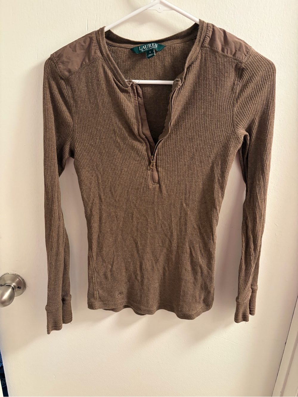 Lauren Ralph Lauren Brown Waffle Knit Quarter Zip Henley Shoulder Patch S